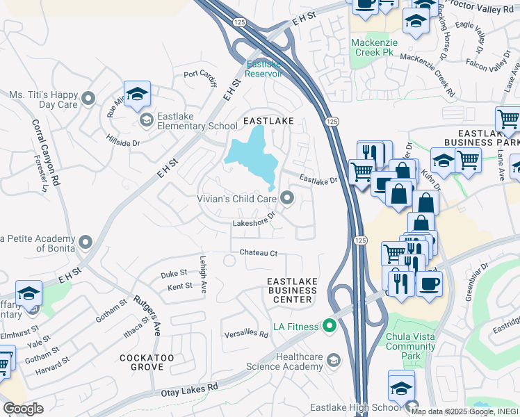 map of restaurants, bars, coffee shops, grocery stores, and more near 2083 Lakeridge Circle in Chula Vista