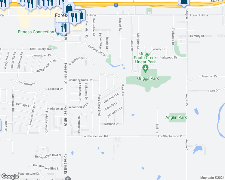 map of restaurants, bars, coffee shops, grocery stores, and more near 3729 Caladium Lane in Forest Hill