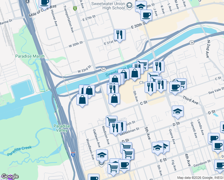 map of restaurants, bars, coffee shops, grocery stores, and more near 45 Broadway in Chula Vista