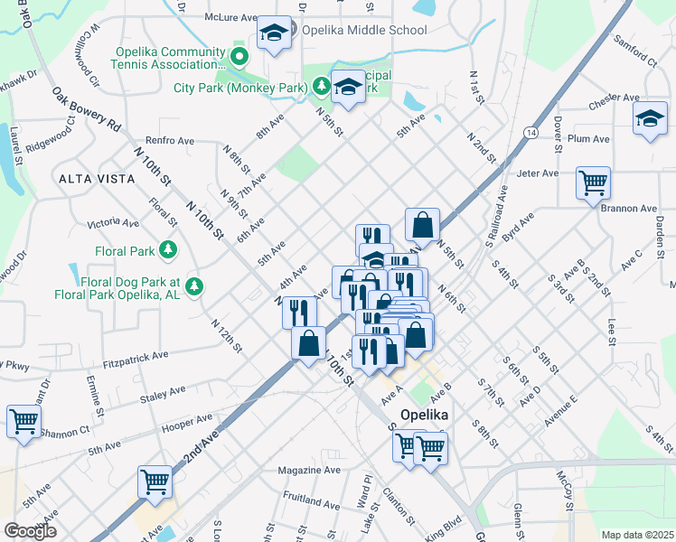 map of restaurants, bars, coffee shops, grocery stores, and more near 315 North 8th Street in Opelika