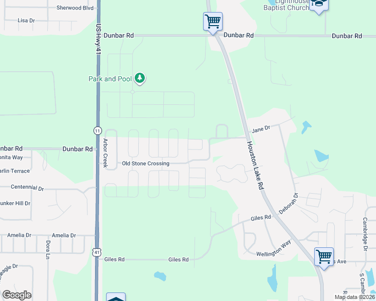 map of restaurants, bars, coffee shops, grocery stores, and more near Old Stone Crossing in Warner Robins