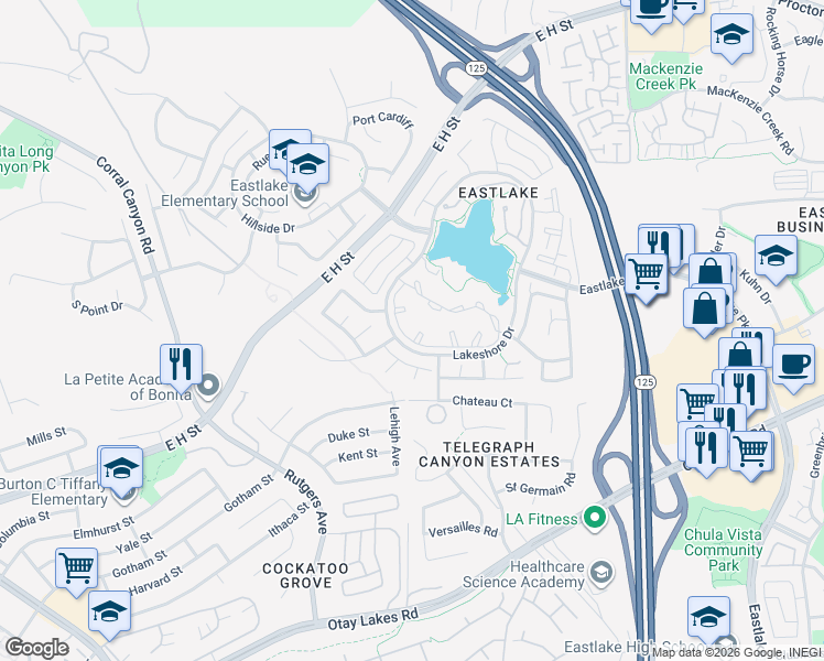 map of restaurants, bars, coffee shops, grocery stores, and more near 2031 Lakeridge Circle in Chula Vista
