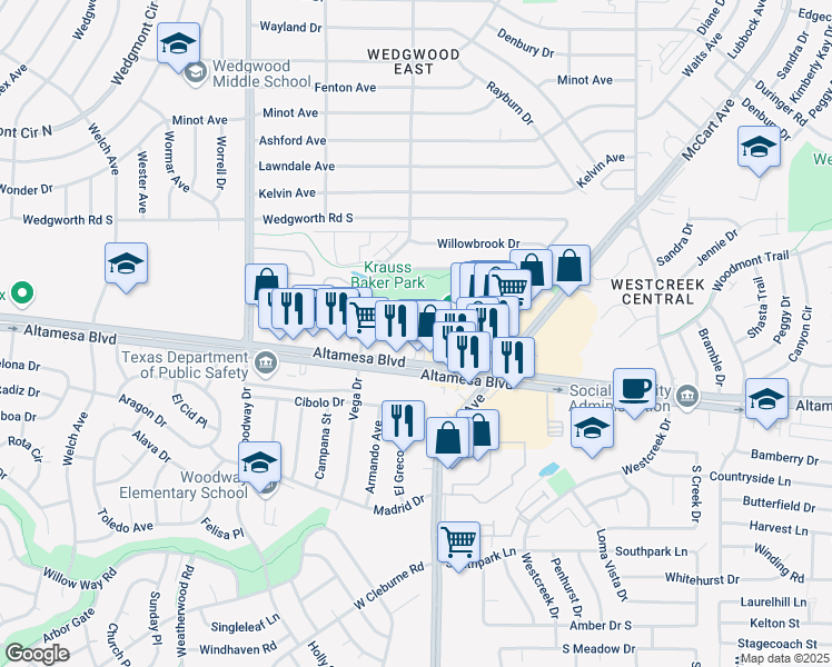map of restaurants, bars, coffee shops, grocery stores, and more near 3617 Oak Tree Circle in Fort Worth