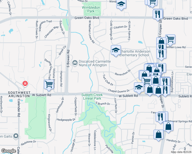 map of restaurants, bars, coffee shops, grocery stores, and more near 5823 Polo Club Drive in Arlington