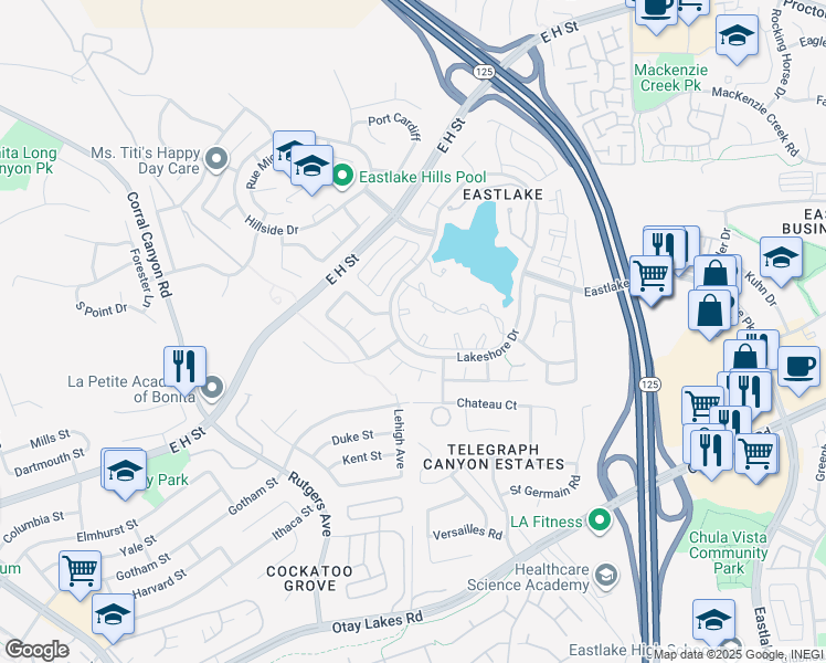 map of restaurants, bars, coffee shops, grocery stores, and more near 805 Woodspring Drive in Chula Vista