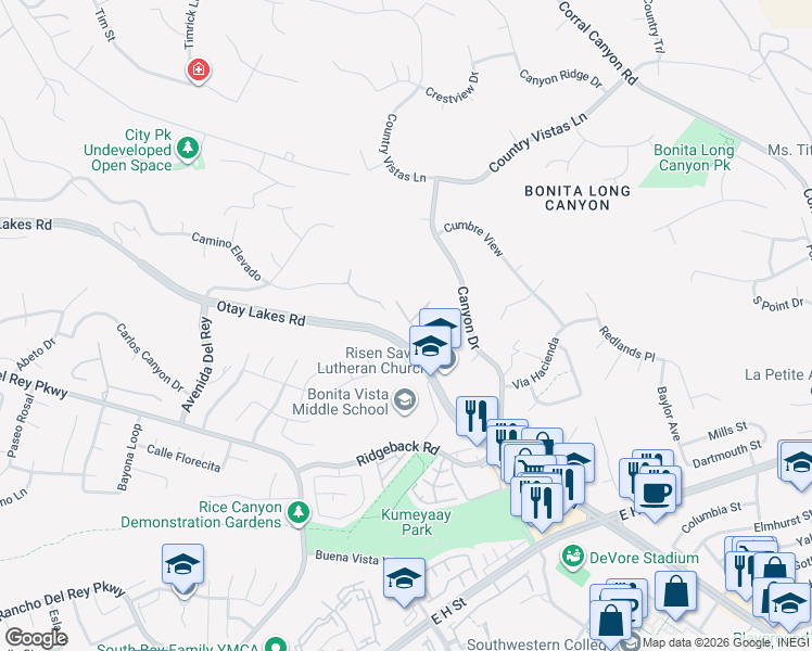map of restaurants, bars, coffee shops, grocery stores, and more near 625 Otay Lakes Road in Chula Vista