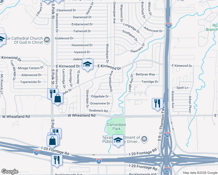 map of restaurants, bars, coffee shops, grocery stores, and more near 7930 Greenspan Avenue in Dallas