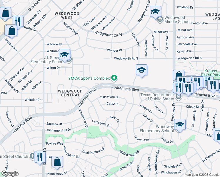 map of restaurants, bars, coffee shops, grocery stores, and more near 4284 Barcelona Drive in Fort Worth