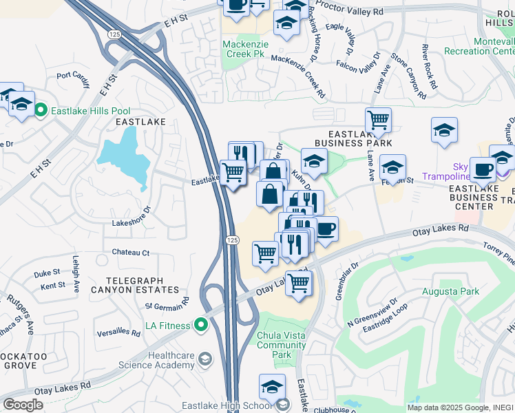 map of restaurants, bars, coffee shops, grocery stores, and more near 884 Eastlake Parkway in Chula Vista