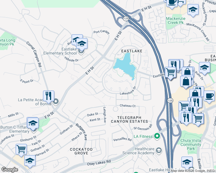 map of restaurants, bars, coffee shops, grocery stores, and more near 2023 Lakeridge Circle in Chula Vista