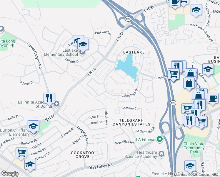 map of restaurants, bars, coffee shops, grocery stores, and more near 805 Woodspring Drive in Chula Vista