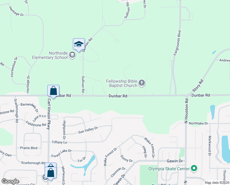 map of restaurants, bars, coffee shops, grocery stores, and more near 505 Dunbar Road in Warner Robins