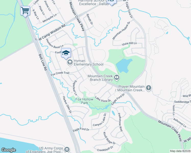 map of restaurants, bars, coffee shops, grocery stores, and more near 6062 Fox Point Trail in Dallas