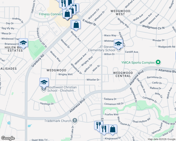 map of restaurants, bars, coffee shops, grocery stores, and more near 4805 Wheelock Drive in Fort Worth