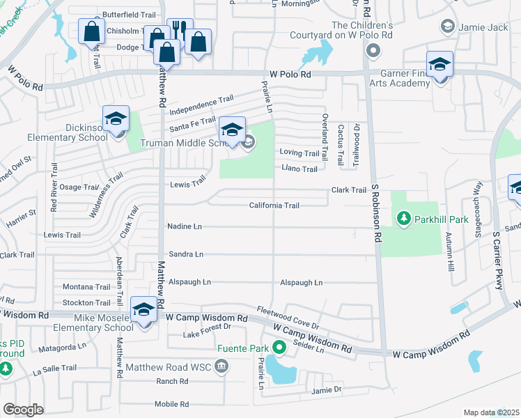 map of restaurants, bars, coffee shops, grocery stores, and more near 1213 California Trail in Grand Prairie