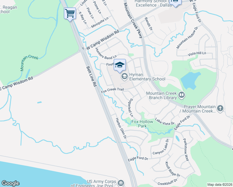 map of restaurants, bars, coffee shops, grocery stores, and more near 5904 Wisdom Creek Drive in Dallas