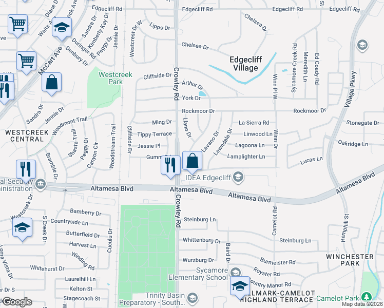 map of restaurants, bars, coffee shops, grocery stores, and more near 6417 Arthur Drive in Fort Worth