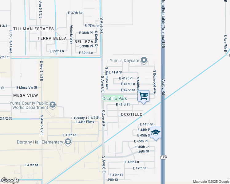map of restaurants, bars, coffee shops, grocery stores, and more near 6129 East 42nd Street in Yuma