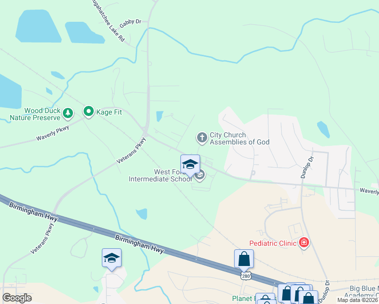 map of restaurants, bars, coffee shops, grocery stores, and more near 2916 Waverly Parkway in Opelika