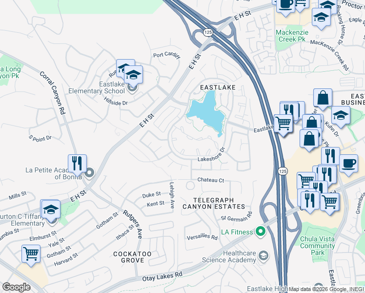 map of restaurants, bars, coffee shops, grocery stores, and more near 730 Brookstone Road in Chula Vista