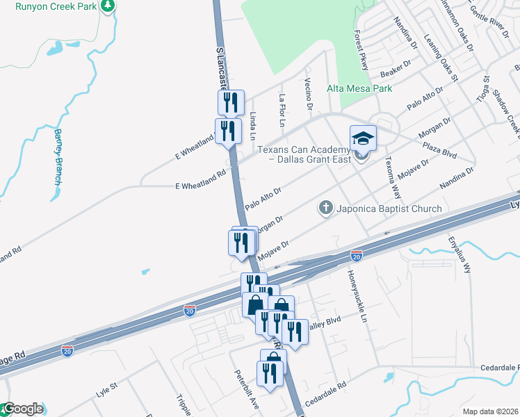 map of restaurants, bars, coffee shops, grocery stores, and more near 2533 Palo Alto Drive in Dallas