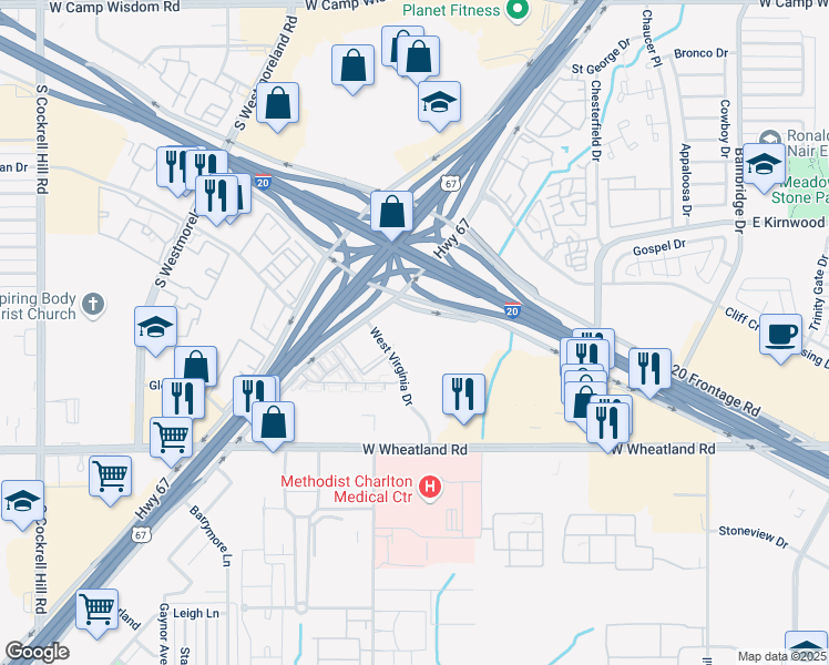 map of restaurants, bars, coffee shops, grocery stores, and more near 8057 West Virginia Drive in Dallas