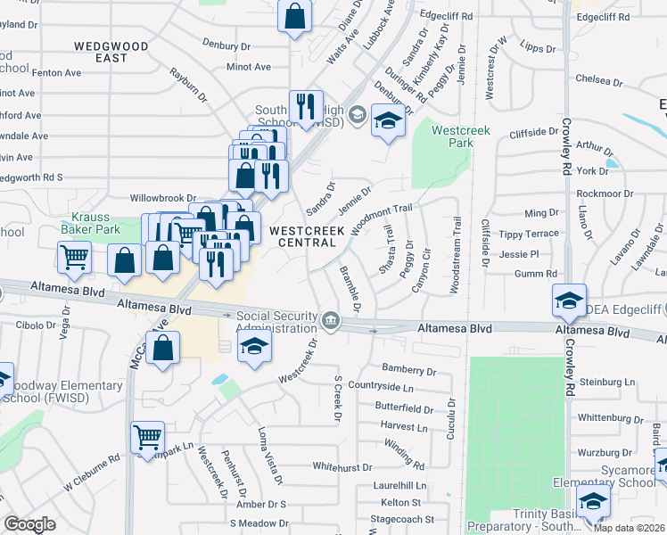 map of restaurants, bars, coffee shops, grocery stores, and more near 6305 Westcreek Drive in Fort Worth