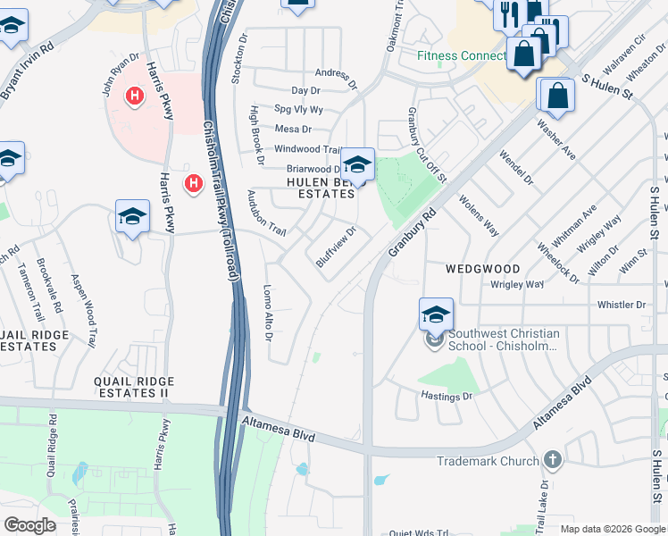map of restaurants, bars, coffee shops, grocery stores, and more near 6724 Bluffview Drive in Fort Worth