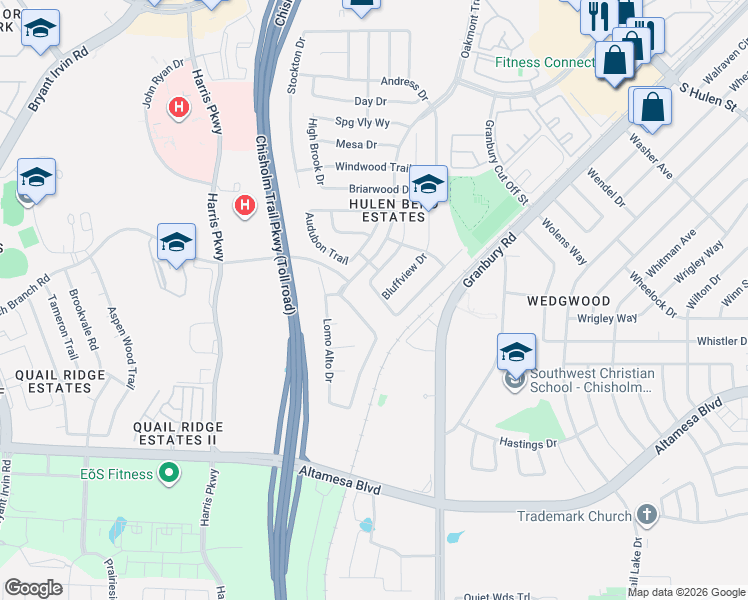 map of restaurants, bars, coffee shops, grocery stores, and more near 6891 High Country Drive in Fort Worth