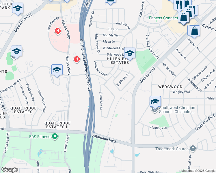 map of restaurants, bars, coffee shops, grocery stores, and more near 6891 High Country Drive in Fort Worth