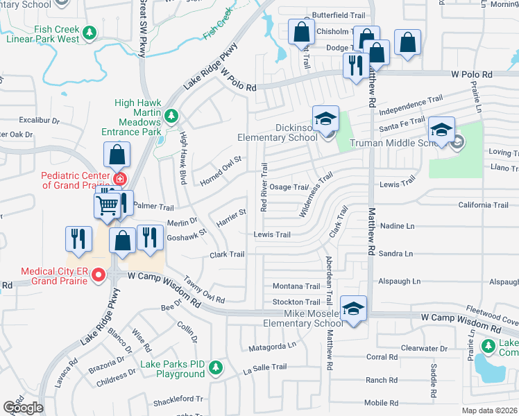 map of restaurants, bars, coffee shops, grocery stores, and more near 5026 Red River Trail in Grand Prairie
