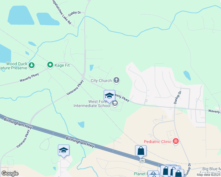 map of restaurants, bars, coffee shops, grocery stores, and more near 2906 Waverly Parkway in Opelika