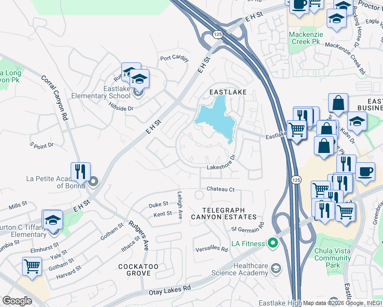 map of restaurants, bars, coffee shops, grocery stores, and more near 730 Brookstone Road in Chula Vista