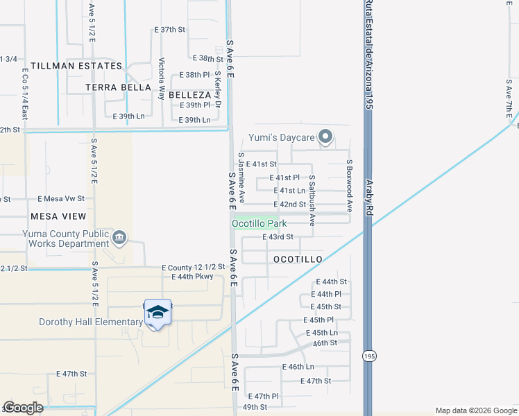 map of restaurants, bars, coffee shops, grocery stores, and more near 6129 East 42nd Street in Yuma
