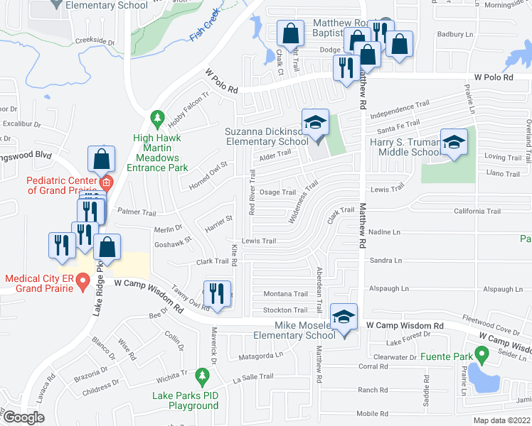 map of restaurants, bars, coffee shops, grocery stores, and more near 2113 Burrows Trail in Grand Prairie