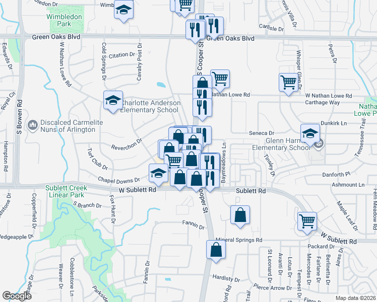 map of restaurants, bars, coffee shops, grocery stores, and more near 5900 South Cooper Street in Arlington