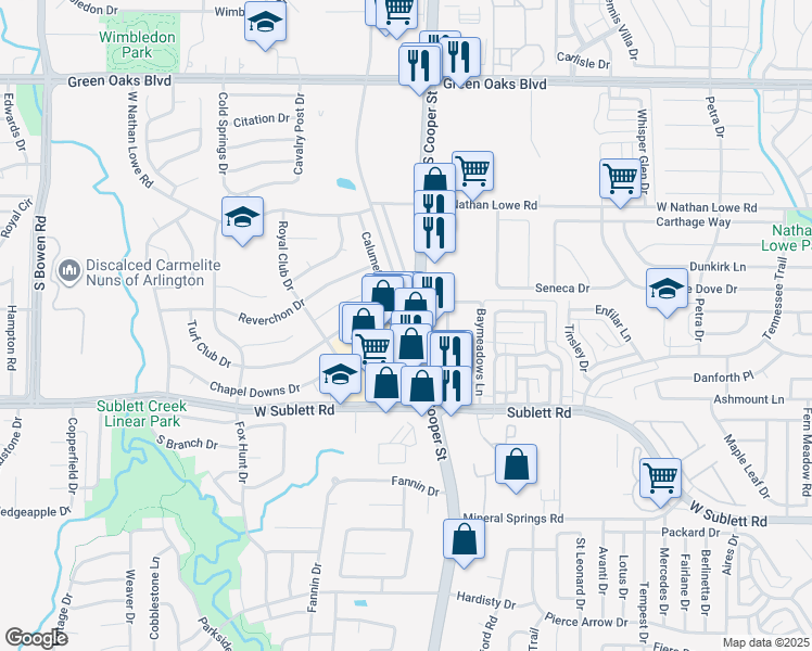 map of restaurants, bars, coffee shops, grocery stores, and more near 5860 Turf Club Drive in Arlington