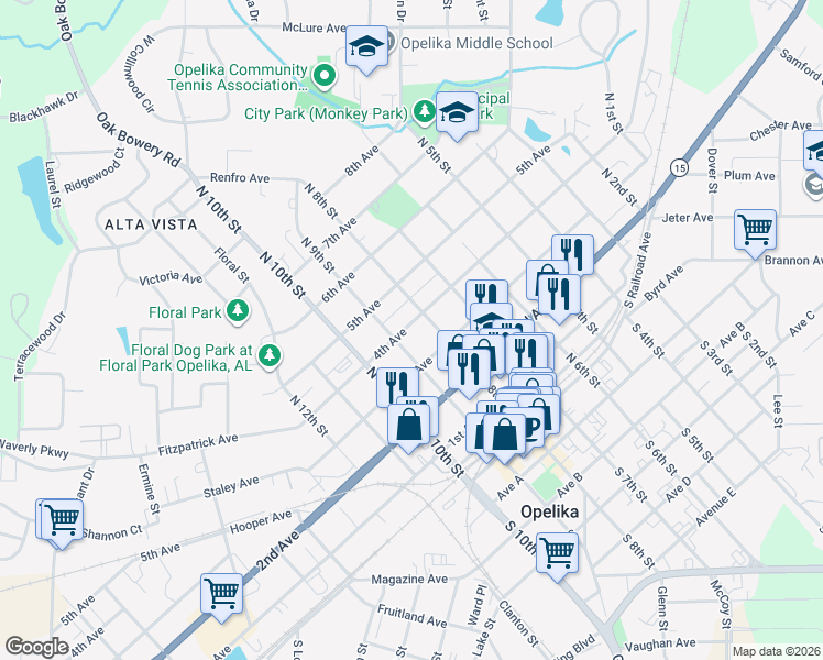 map of restaurants, bars, coffee shops, grocery stores, and more near 315 North 8th Street in Opelika