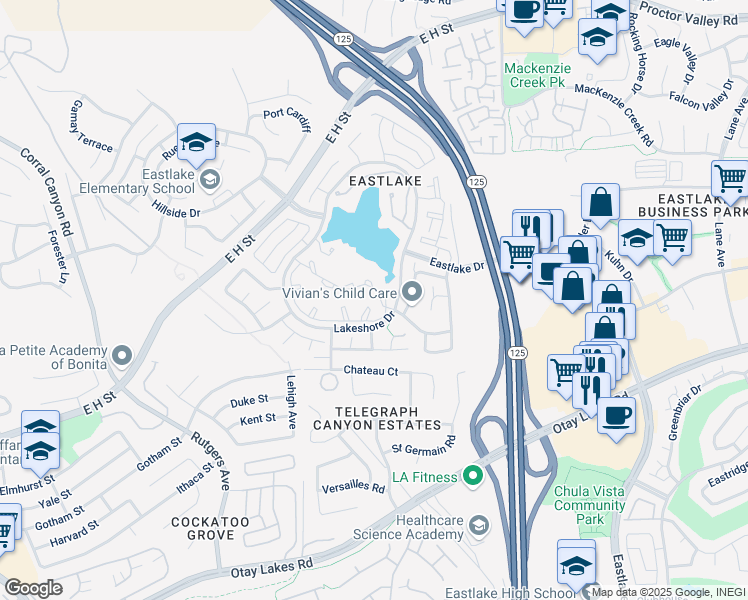 map of restaurants, bars, coffee shops, grocery stores, and more near 2081 Lakeridge Circle in Chula Vista