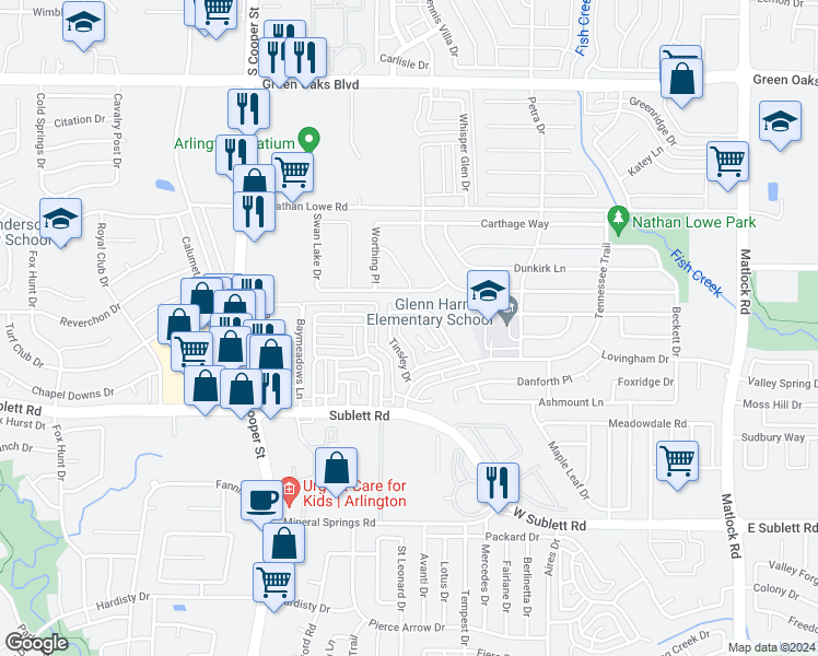map of restaurants, bars, coffee shops, grocery stores, and more near 1047 Cheddar Court in Arlington