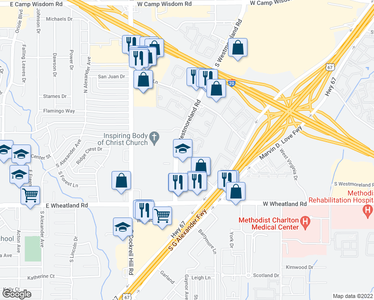 map of restaurants, bars, coffee shops, grocery stores, and more near 7676 South Westmoreland Road in Dallas