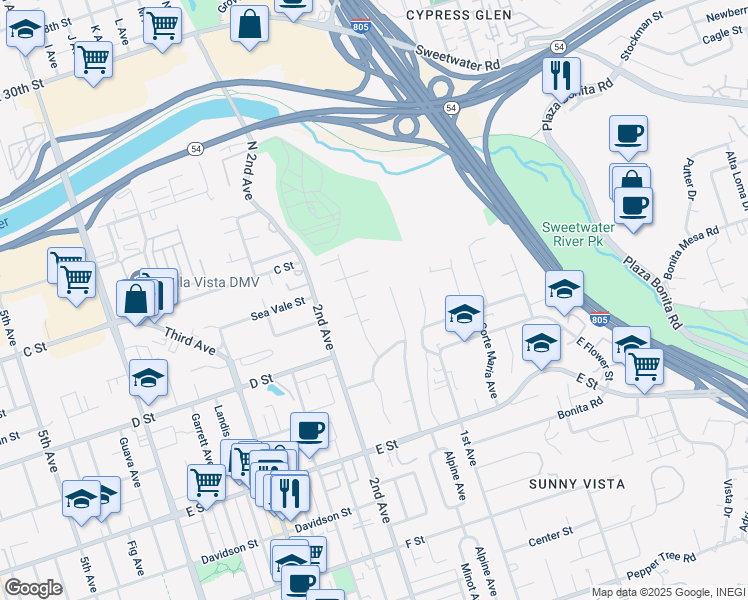 map of restaurants, bars, coffee shops, grocery stores, and more near 46 Minot Avenue in Chula Vista