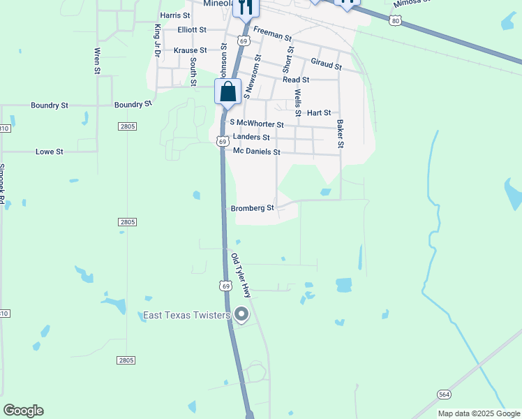 map of restaurants, bars, coffee shops, grocery stores, and more near 1029-1099 South Bromberg Street in Mineola