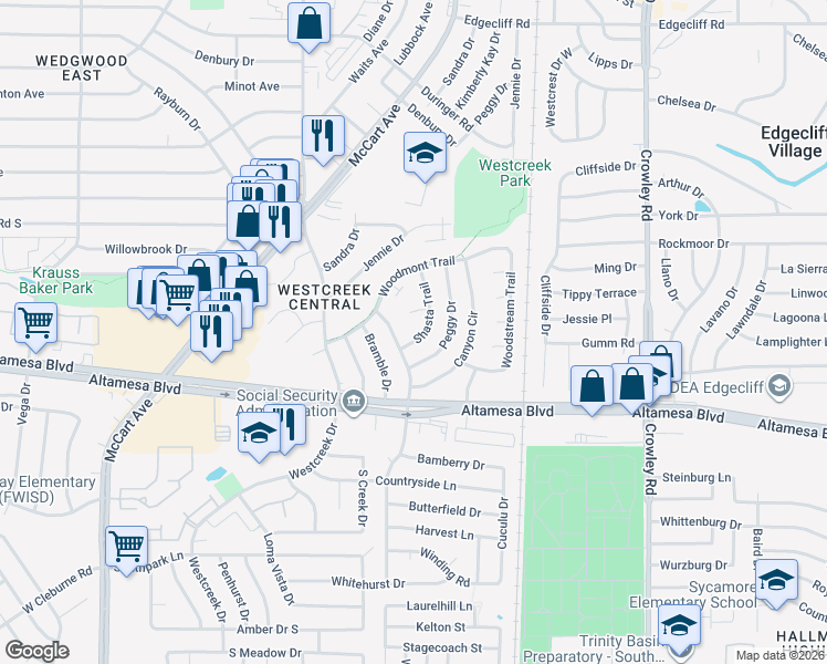 map of restaurants, bars, coffee shops, grocery stores, and more near 2605 Shasta Court in Fort Worth