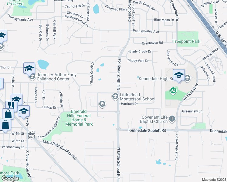 map of restaurants, bars, coffee shops, grocery stores, and more near 913 North Little School Road in Kennedale