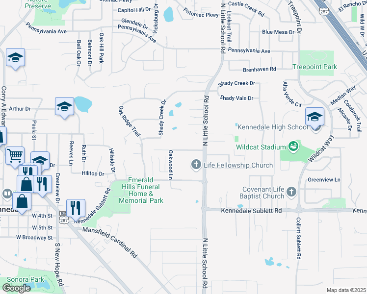 map of restaurants, bars, coffee shops, grocery stores, and more near 809 Woodland Court in Kennedale