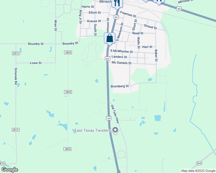 map of restaurants, bars, coffee shops, grocery stores, and more near 1029 Bromberg Street in Mineola