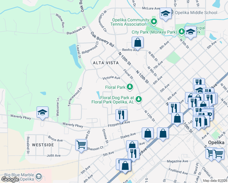 map of restaurants, bars, coffee shops, grocery stores, and more near 601 Lankford Street in Opelika
