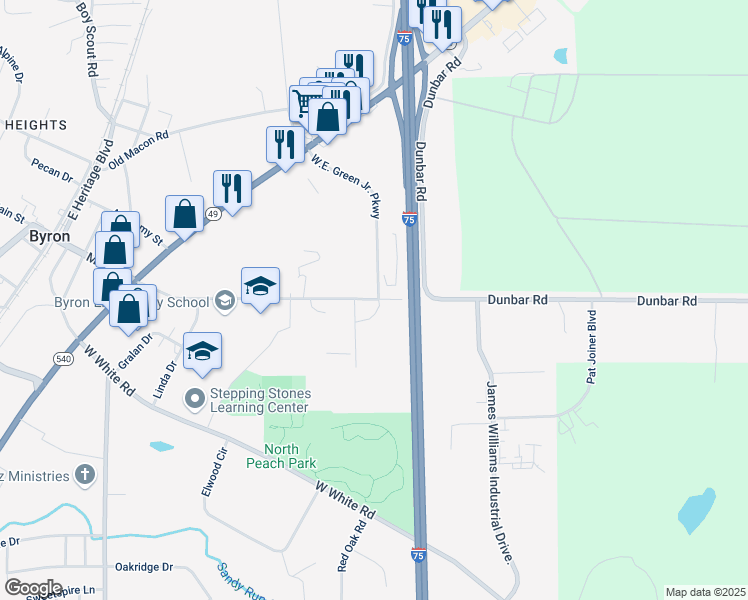 map of restaurants, bars, coffee shops, grocery stores, and more near 202 New Dunbar Road in Byron
