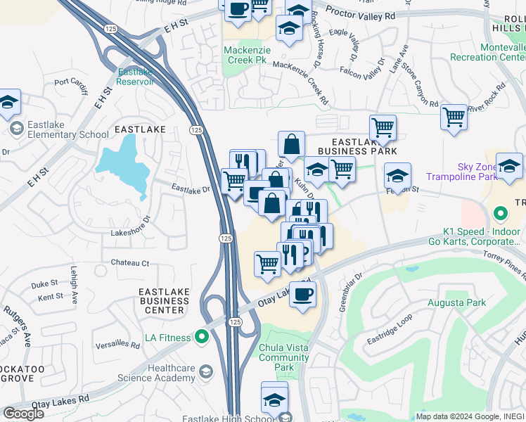 map of restaurants, bars, coffee shops, grocery stores, and more near 884 Eastlake Parkway in Chula Vista